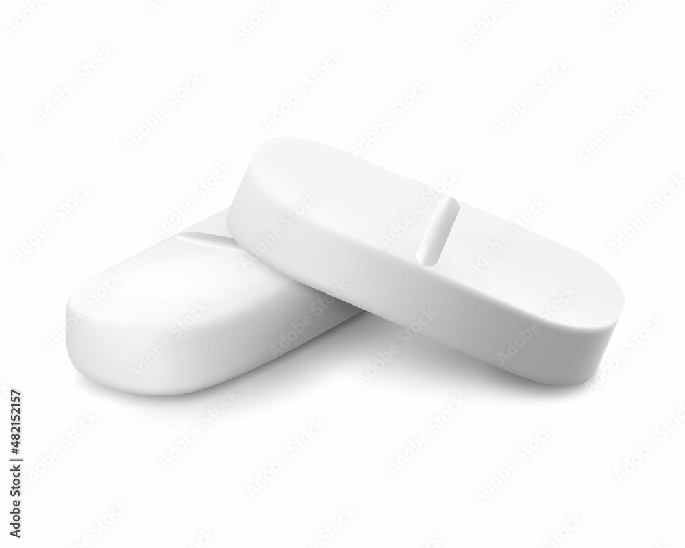 Wall mural Realistic oval pills isolated on white background. Can be used for medical and cosmetic. 3d vector illustration, Isolated on white background.