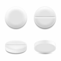 Realistic round pills and capsules mockup style. The concept of medicine and health, isolated on white background. 3d vector illustration. Can be used for medical and cosmetic.