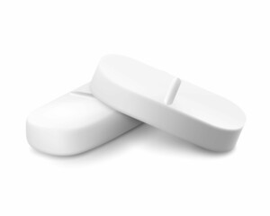 Realistic oval pills isolated on white background. Can be used for medical and cosmetic. 3d vector illustration, Isolated on white background.