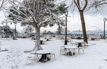 Snowy day in Camlica Hill. Istanbul, Turkey. Beautiful winter landscape in Istanbul.