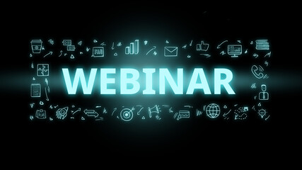 Webinar concept. Word in neon style with icons.