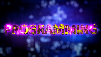Programming glowing purple - yellow neon text in cyber punk style - industrial 3D rendering