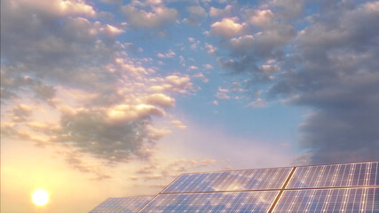 ecologic solar power panels on blue sky background, fictive design - industrial 3D illustration