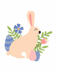  Easter bunny with eggs vector illustration. Cute postcard for Easter with a rabbit.Rabbit with eggs, flowers and leaves.
