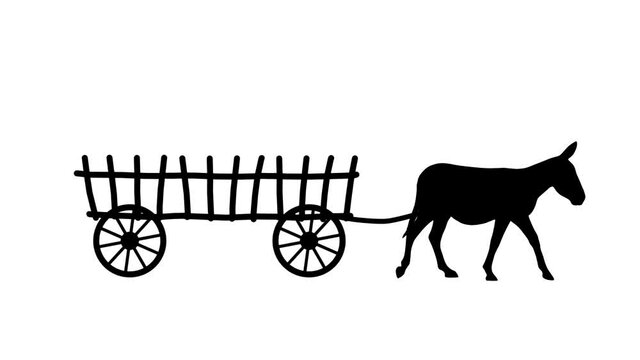 A donkey pulling a cart, animation on the white background