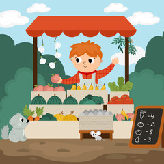 Vector farmer selling fruit and vegetables in a street stall. Cute farm market scene. Rural country landscape. Child vendor in booth. Funny farm cartoon salesman illustration.