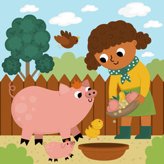 Vector scene with cattle breeder. Farmer girl feeding animals. Cute kid doing agricultural work. Rural country landscape. Child with cute pig and chicken. Funny farm cartoon  illustration