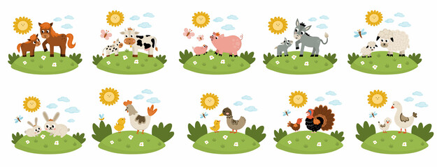 Vector farm animal scenes set. Collection with cow, horse, goat, sheep, duck, hen, pig and their babies. Cute country mother and baby illustration with grass background, sun, clouds.