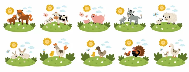 Fotobehang Boerderij Vector boerderij dieren scènes instellen. Collectie met koe, paard, geit, schaap, eend, kip, varken en hun baby& 39 s. Leuke landmoeder en babyillustratie met grasachtergrond, zon, wolken.  © Lexi Claus