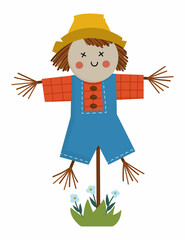 Vector scarecrow isolated on white background. Flat spring garden bugaboo illustration. Gardening equipment icon. Farm scary puppet