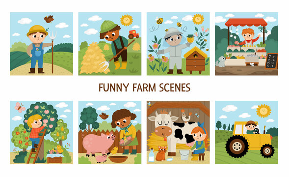 Vector farm scenes set. Cute kids doing agricultural work. Rural country landscapes with farmers. Children gathering hay, feeding animals, beekeeping, milking cow. Cartoon boys and girls.
