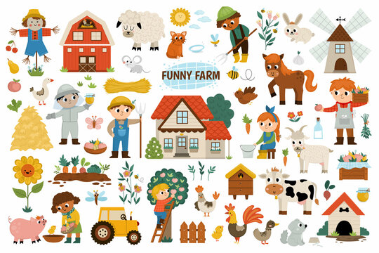 Big vector farm set. Rural icons collection with funny kid farmers, barn, country house, animals, birds, tractor, windmill, hay stacks, fruit, vegetables, beehive. Cute flat garden illustrations