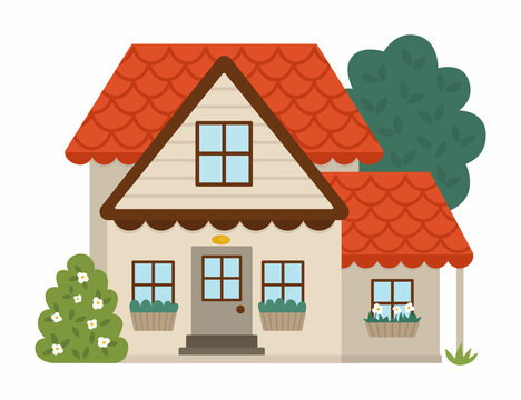 Vector country house icon isolated on white background. Flat farm cottage illustration. Cute red roofed wooden home with bush, windows, trees. Rural or garden landscape.