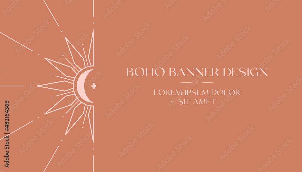 Wall mural vector bohemian logo design with sun,crescent moon and light rays.boho linear icon or symbols in tre