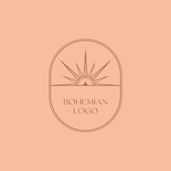 Vector bohemian logo design template with sun and sunburst. Boho linear icon or symbol in trendy minimalist style.Modern celestial emblem.Branding design template.