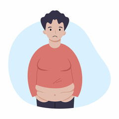 Sad man with big belly. Obesity and nutritional problems. Overweight.