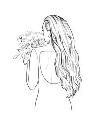 Girl with roses isolated illustration. Young woman in dress hand drawn. Girl with long hair with bouquet of flowers on background. Bouquet of roses 