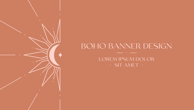 Vector bohemian logo design with sun,crescent moon and light rays.Boho linear icon or symbols in trendy minimalist style.Modern celestial emblem.Branding design,website banner template.