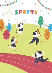 People enjoying sports. People who are  playing volley ball, basketball, baseball, and go jogging in the park.