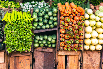Sri Lanka Bazaar. Tropical fruits and vegetables in outdoor market in Sri Lanka. 