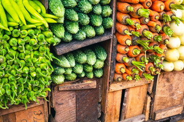 Sri Lanka Bazaar. Tropical fruits and vegetables in outdoor market in Sri Lanka. 