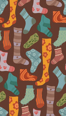 Vector seamless pattern with warm socks. Texture with knitted clothes. Wallpaper with stockings and golfs. Flat hand drawn background.