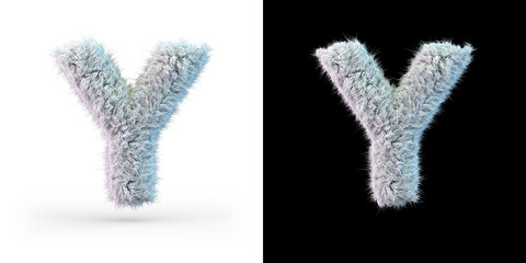 Capital letter Y. Uppercase. White fluffy font on black and white background. 3D