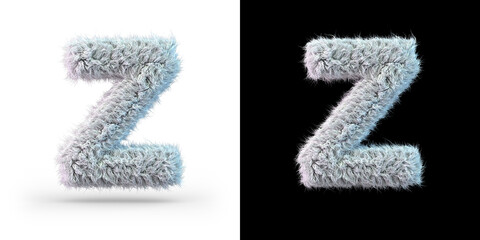 Capital letter Z. Uppercase. White fluffy font on black and white background. 3D