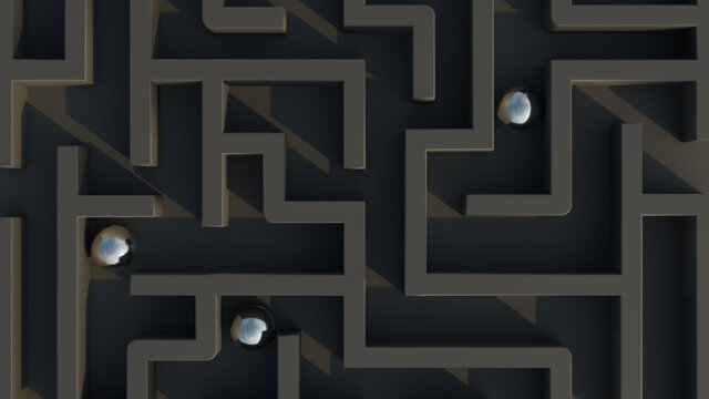 Metallic balls inside maze top view. Choices, challenge and puzzle concept. 3D rendering illustration. 