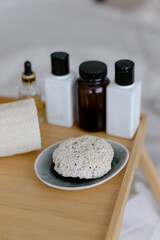 Body care accessories Massage brushes for cellulite on tray in bed