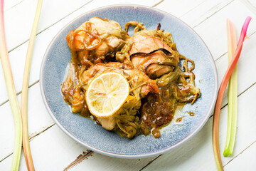 Appetizing chicken breast baked with rhubarb