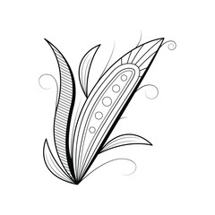 Abstract Hand Drawn Flower Plant Leaf Leaves Botanic Floral Nature Bloom Doodle Concept Vector Design Outline Style On White Background Isolated