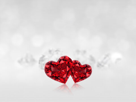 Red Heart shaped diamond on the white diamonds background reflecting. 3d render