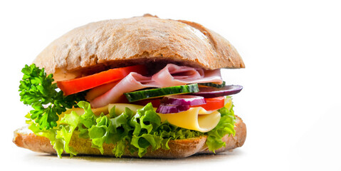 Sandwich with cheese and ham and fresh vegetables over white