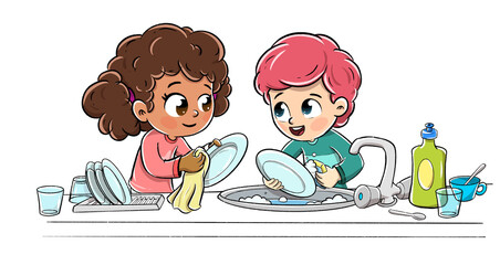 Kids washing dishes doing homework as a team - 482158787