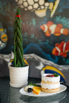Strawbeyy cake on the table with Ivory tree in a pot at coffee shop, wall paint, marine life background  