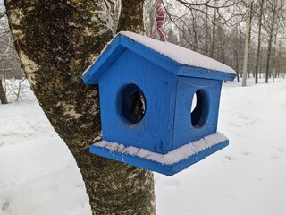 birdhouse hanging on a tree in the park in the winter season covered with snow.