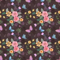 Obraz premium Cute flowers and leaf with butterfly on deep purple background seamless pattern.