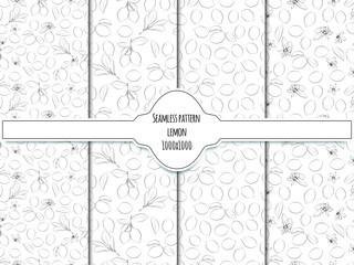 A set of seamless pattern with leaves, flowers and lemon. Line drawing. Lines have different widths. Black white. 1000x1000, vector graphics.