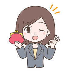 ビジネススーツ姿で財布を持つ若い女性