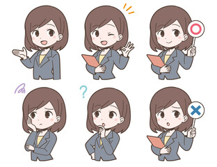 ビジネススーツ姿の若い女性の表情セット