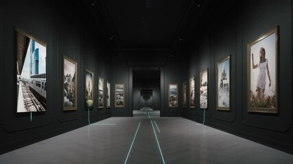 The concept of modern art museum. NFT Museum. NFT Crypto Art. Exhibition of digital art. Concept of traditional art into digital. NFT with digital technology. 3d animation - Powered by Adobe