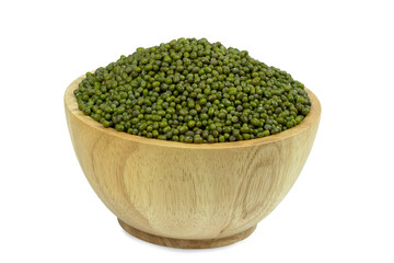 green beans in wooden cup isolated on white background