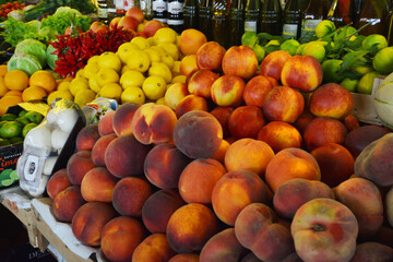 Fresh ripe peaches background at a market in Trogir, Dalmatia