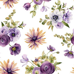 Seamless pattern with violet flowers and fresh foliage. Repeating background with elements of watercolor flowers and leaves isolated on white background. Garden style texture for paper or textile