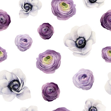 Seamless pattern with violet flowers ranunculus and white anemones. Repeating background with of watercolor flowers isolated on white background. Great for fabric, textile, wrapping paper, packing