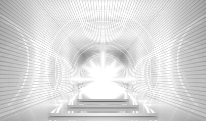 Sci Fi Futuristic Round Neon Light Reflection Room Stage. White Tunnel Empty Podium Abstract Background. 3d Rendering