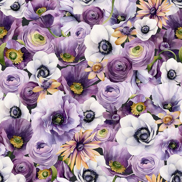 Seamless pattern with violet flowers. Repeating background with elements of watercolor flowers poppies, ranunculus, anemones strewn all over the background. Garden style texture for paper or textile