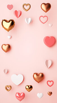 Valentines Day vertical social media story post with different types of hearts on a pink background and copy space in 3D rendering. Love and romantic concept