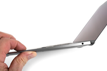 Branded Modern slim laptop on a white background. Ultra slim notebook.